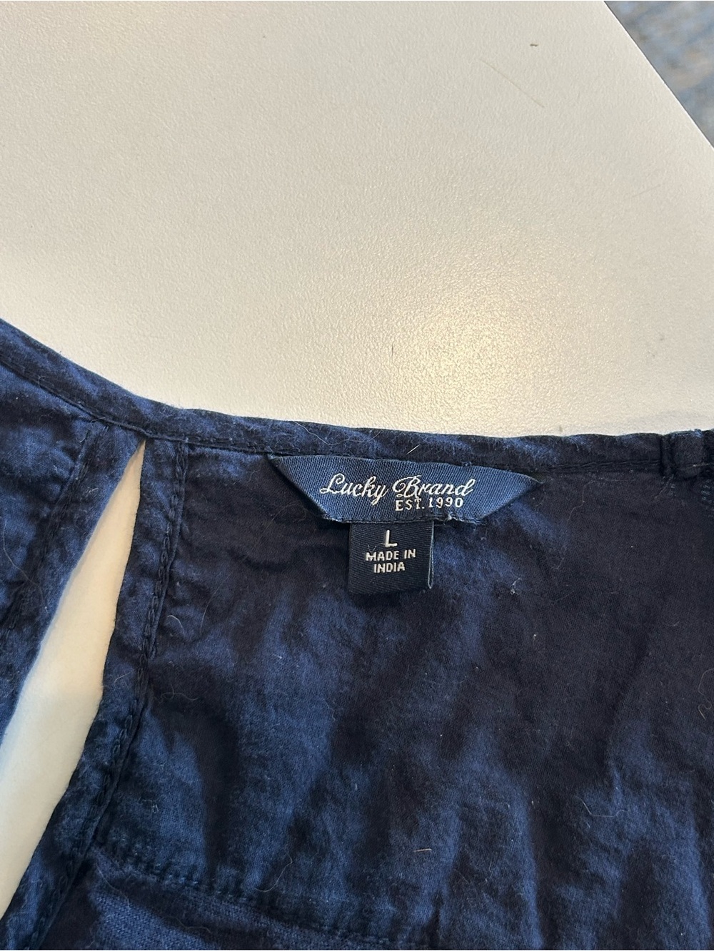 Lucky Brand Navy Embroidered Yoke Tunic Top Size Large Cotton Blend 3/4 Sleeve - Picture 7 of 16